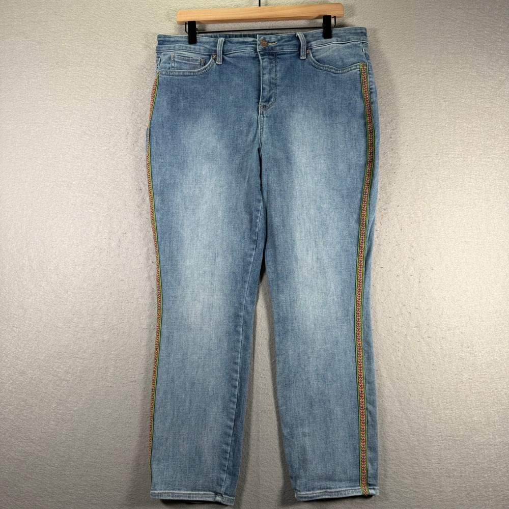 NYDJ Alina Legging Ankle Jeans Womens 12 Blue Lift Tuck Embroidered Trim
